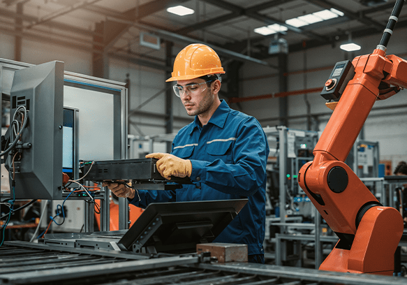 Factory dashboard with planning, resource use, and quality control metrics.